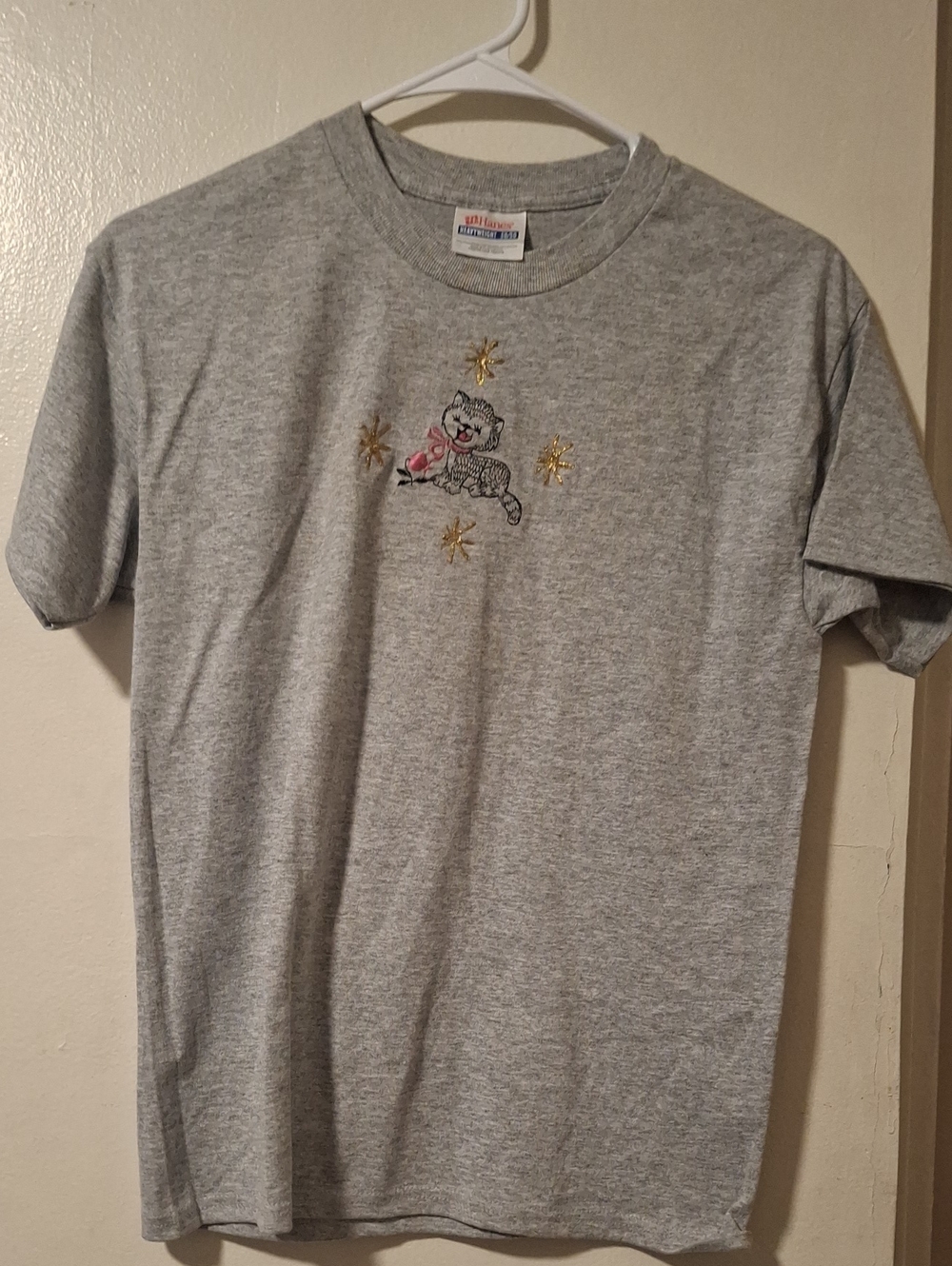 Hanes Gray Kids Tee with Embroidered Kitten and Gold Stars